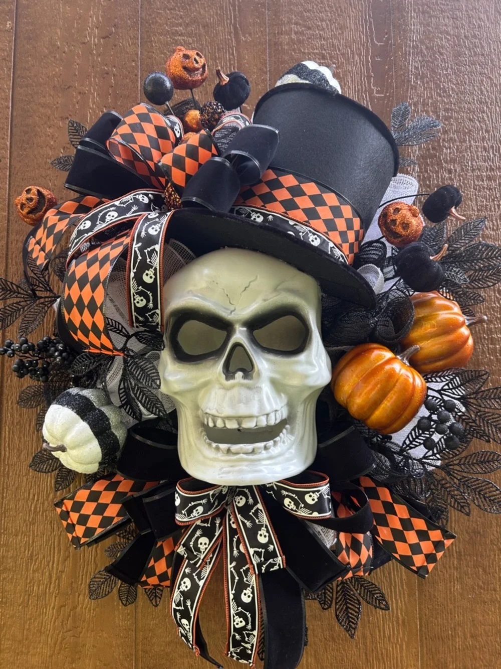 Handmade Halloween Skull Top Hat Wreath with Orange & Black Accents. Lights up!!